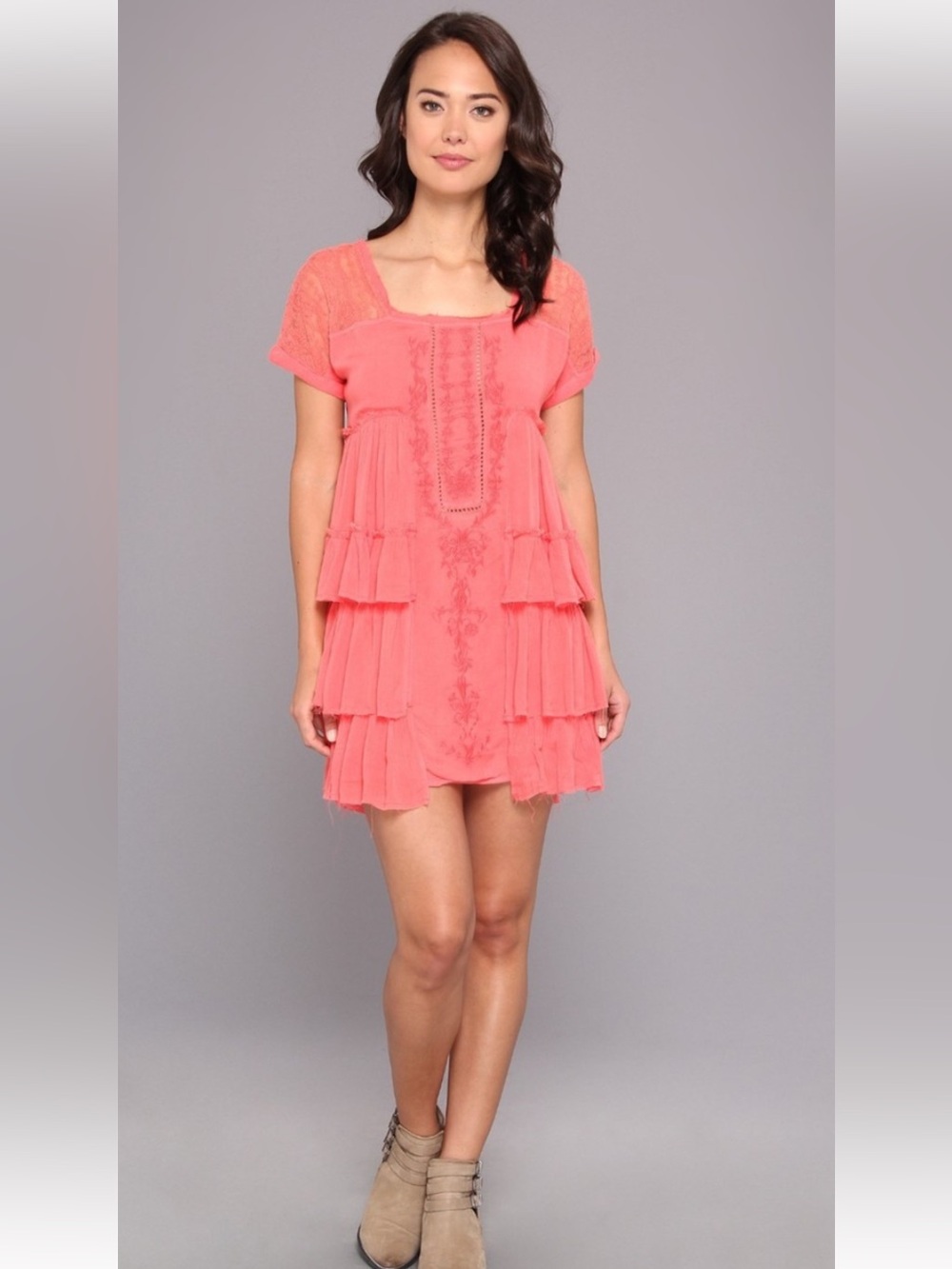 Free People Coral Sunbeams Tiered Lace Mini Dress NWOT